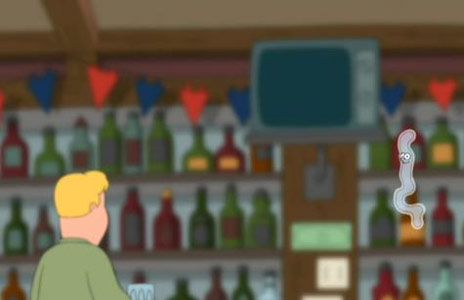 Seth MacFarlane: Peter Griffin beginnt eine Unterhaltung mit seinem Mouches volantes-Faden (Family Guy, US-amerikanische Zeichentrickserie.