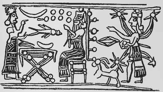 Assyrisches Rollsiegel: Vor dem Tisch steht ein Verehrer, der den Gottheiten Opfergaben bringt. In der Mitte: Ein bärtiger Gott sitzt auf einem Thron; dahinter eine Göttin. (Quelle: Handcock 1912).
