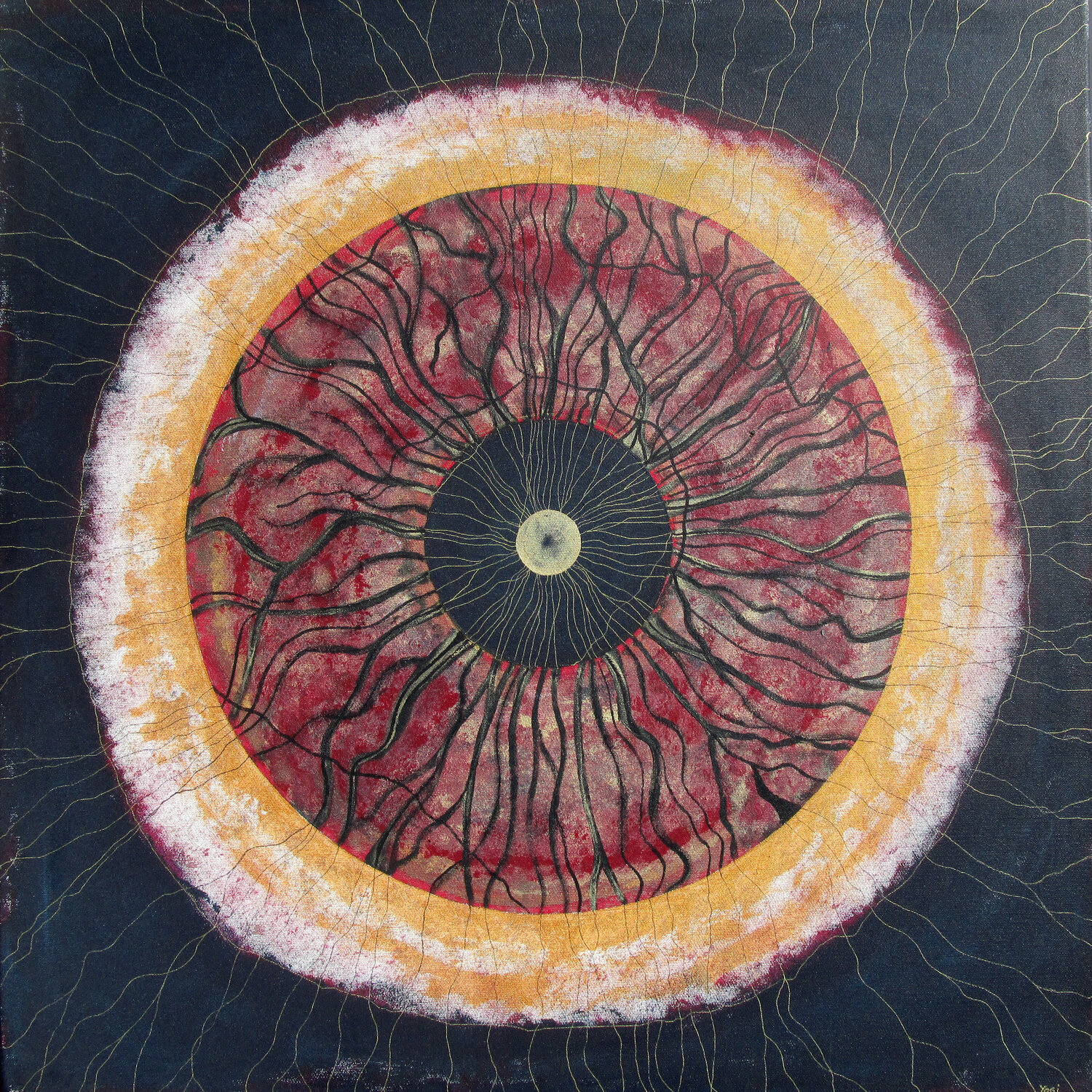 
Leben (2010, Acryl, Buntstift auf Leinwand, 70x70cm).