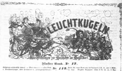 Himmlische Leuchtkugelgeschosse gegen Konservative. Titelblatt von „Leuchtkugeln“, Nr. 113. 