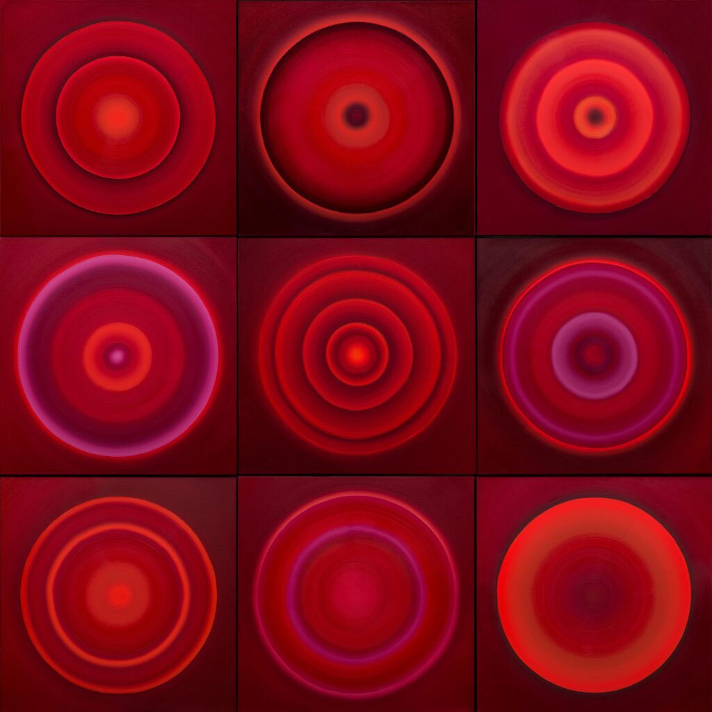Core Nr. 462-480, 2021. Öl auf Leinwand, jeder Kern 60 x 60 cm. Aus der Serie: Concentric Circles.