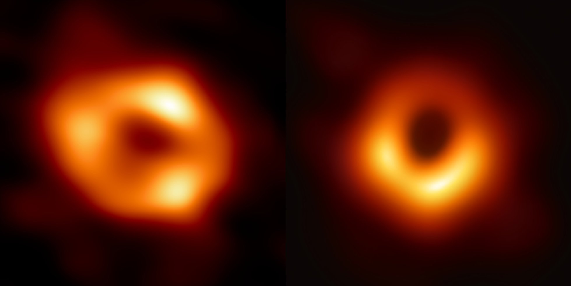 
Seit 2019 gibt es Aufnahmen von Schwarzen Löchern: Das Schwarze Loch Sagittarius A* im Zentrum der Milchstrasse (links) und das Schwarze Loch im Zentrum der Galaxie Messier 87 (rechts).